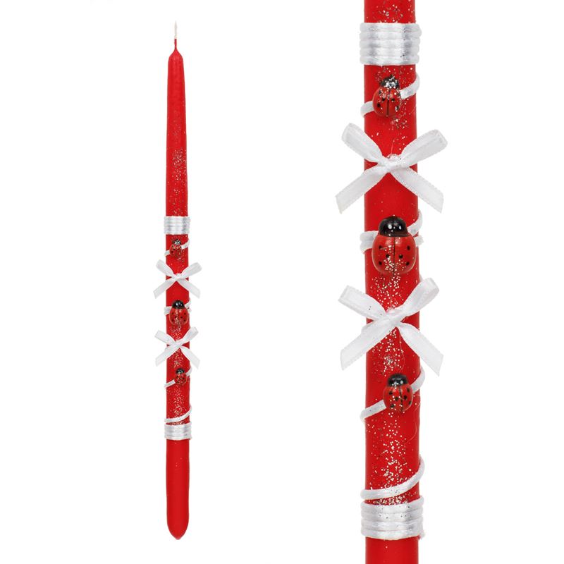 Easter Candle with Ladybugs / Λαμπάδα Κόκκινη Λευκή Κορδέλα Πασχαλίτσες